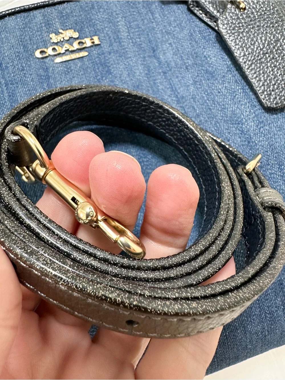 Coach Satchel Bag Kelsey‎ Denim Colorblock Black Pebbled Leather